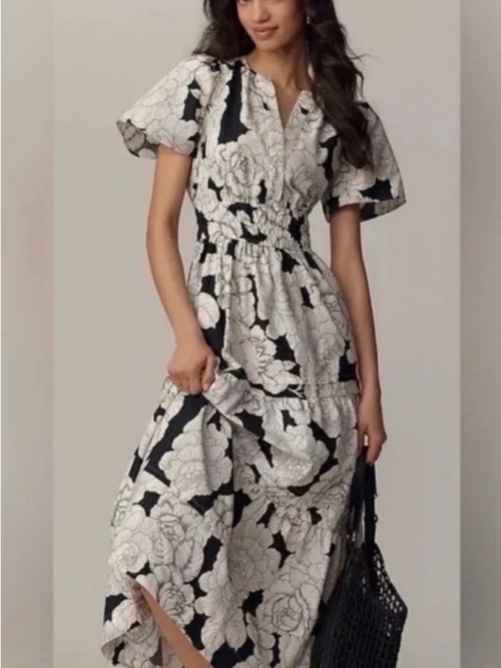Anthropologie Somerset Floral Black and White Cotton Maxi Dress With Pockets